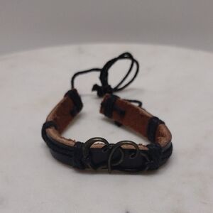 Bronze Double Heart Black Leather Adjustable Bracelet #BA-21